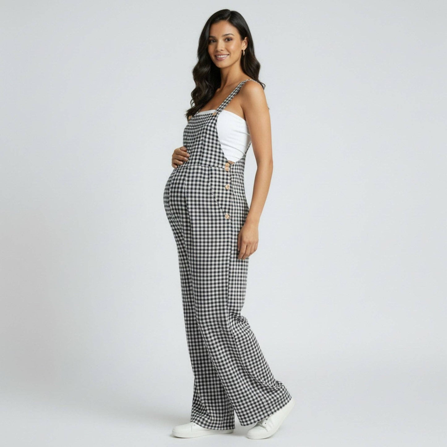 Maternity Gingham Wide Leg Jumpsuit with Adjustable Straps Square Neck Loose Fit Overalls