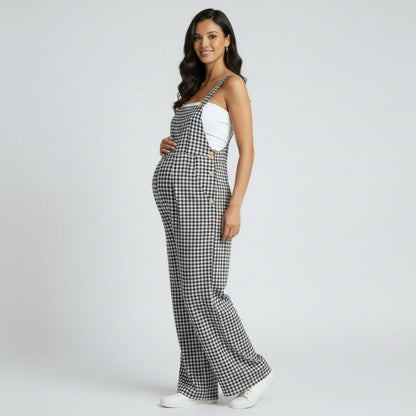 Maternity Gingham Wide Leg Jumpsuit with Adjustable Straps Square Neck Loose Fit Overalls