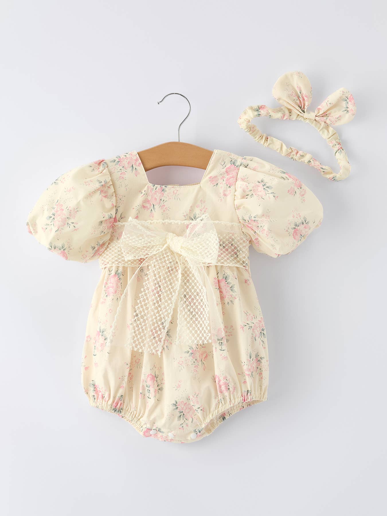 Lace Bow Baby Girls Romper Match Headband