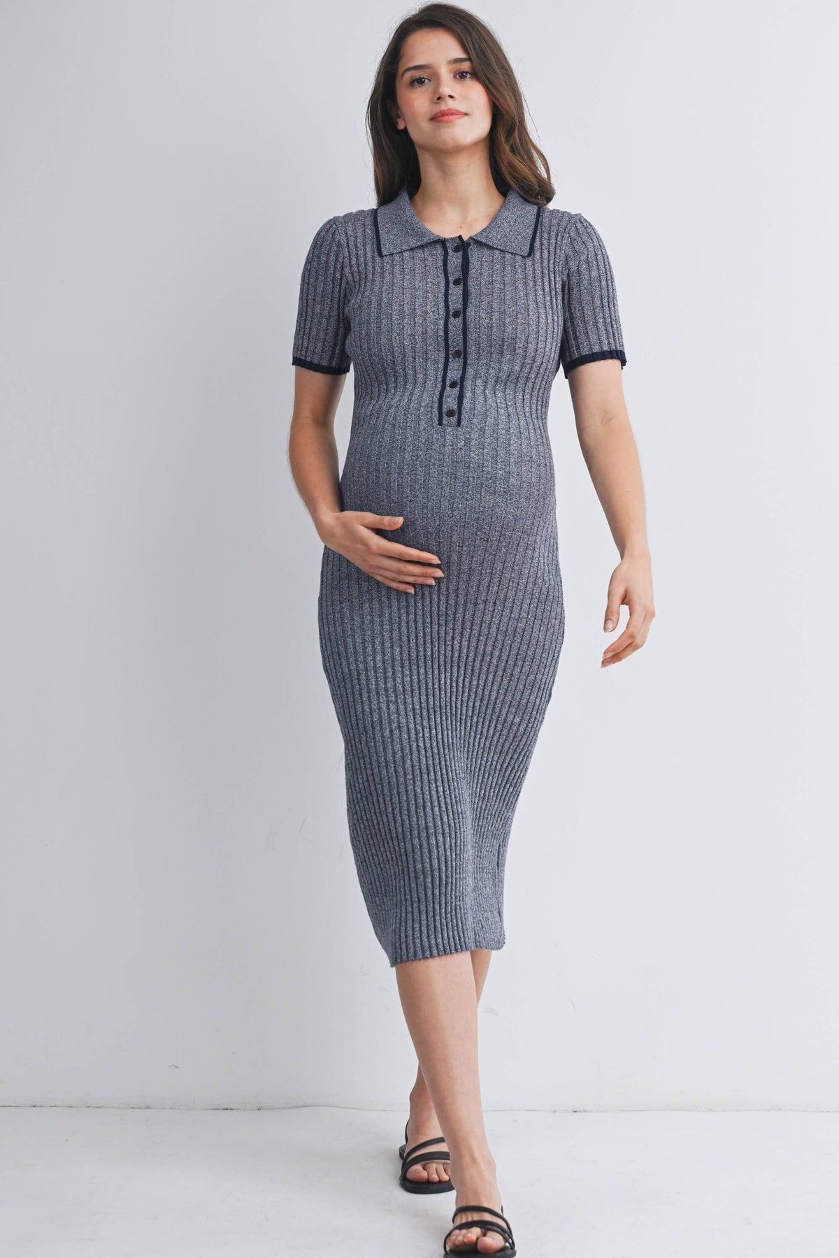Collared Ribbed Knit Maternity Midi Dress with Button Front