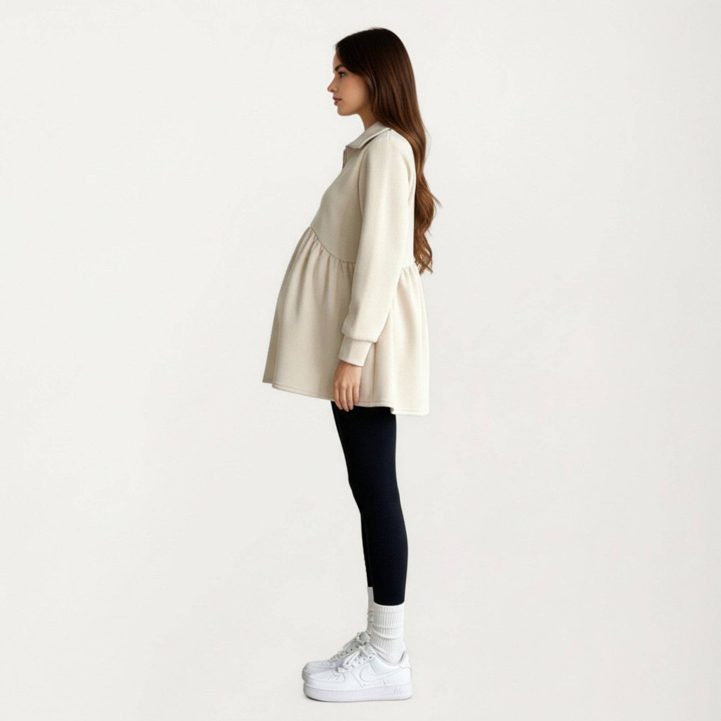 Maternity Quarter Zip Long Sleeve Top with Fleece Feel Elast