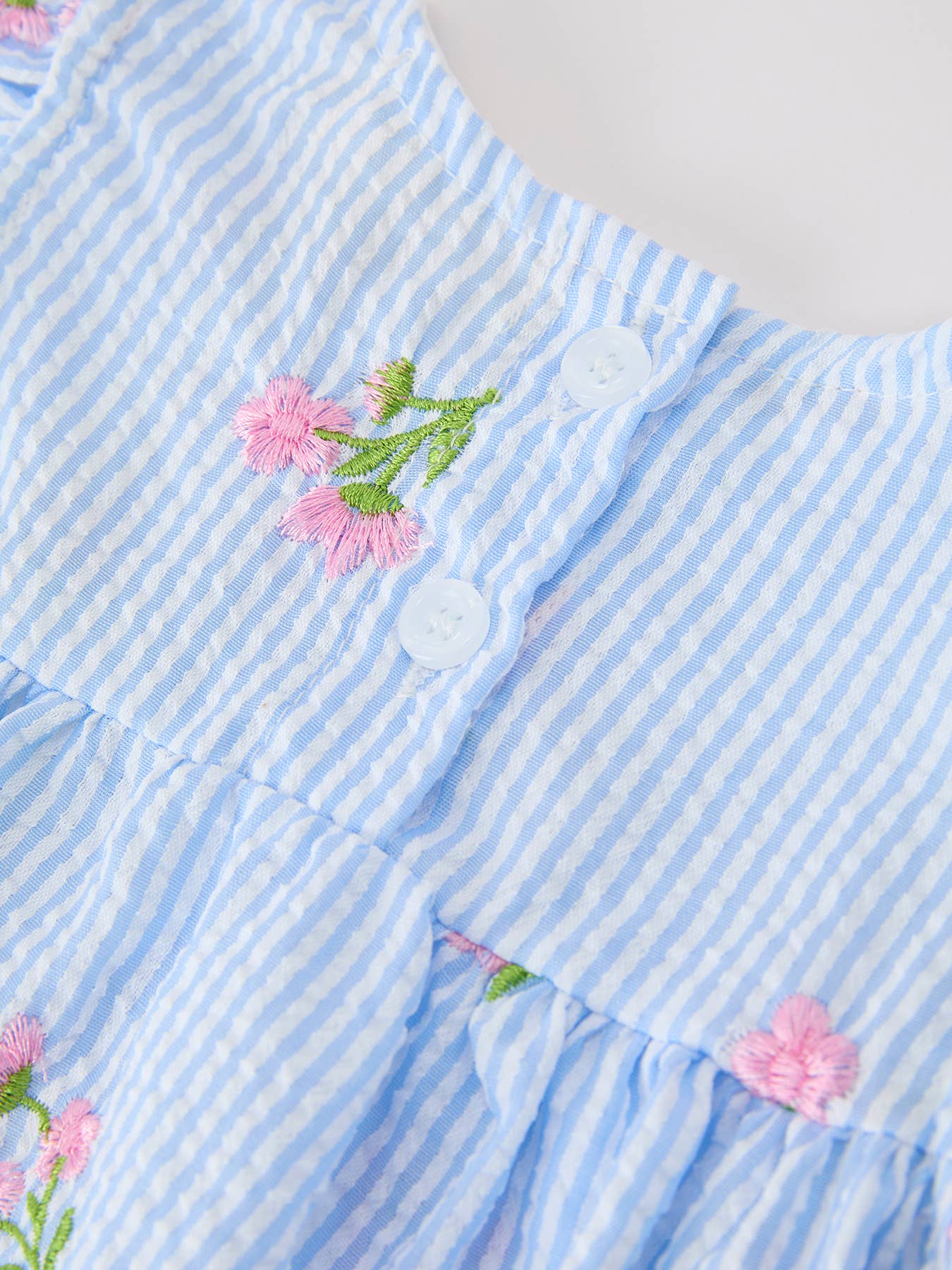 Stripe Floral Embroidery Girls Romper Ruffle Sleeve-Pink/ Blue