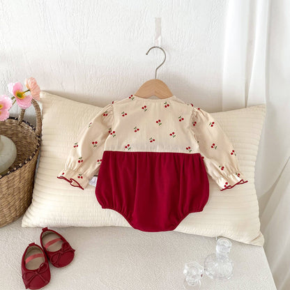 Cherry Ruffle Baby Romper with Burgundy Bow Set