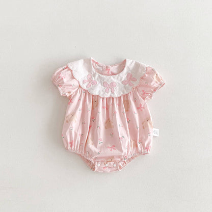 Baby Girl Pink Bunny Bow Scalloped Collar Romper