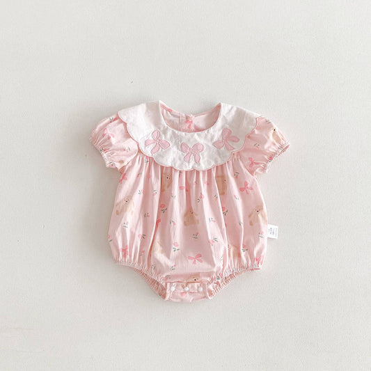 Baby Girl Pink Bunny Bow Scalloped Collar Romper