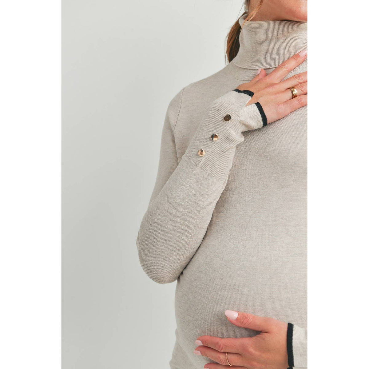 Button Cuff Maternity Turtle Neck Top