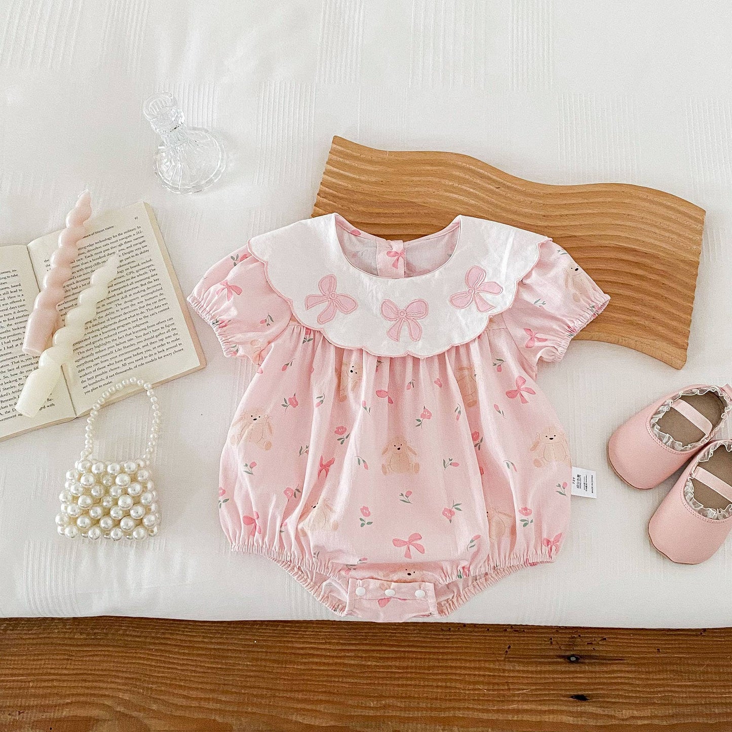 Baby Girl Pink Bunny Bow Scalloped Collar Romper