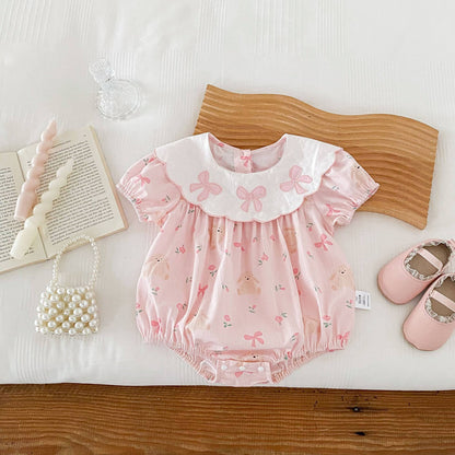 Baby Girl Pink Bunny Bow Scalloped Collar Romper