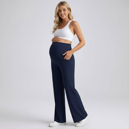 High Waist Maternity Wide Leg Pants with Over Belly Panel Front Seam Stretch Lounge Pants