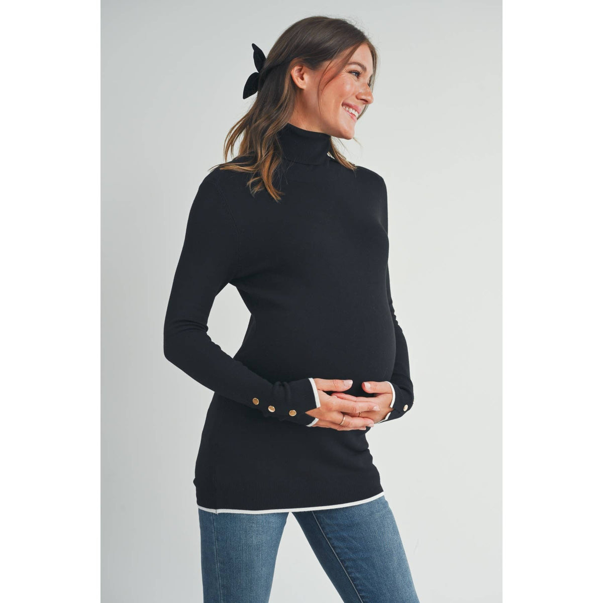 Button Cuff Maternity Turtle Neck Top