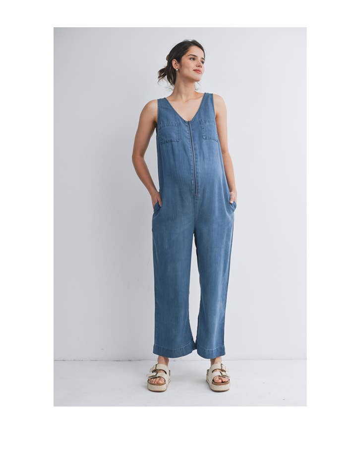 Sleeveless Maternity Denim Jumpsuit with Side Pockets