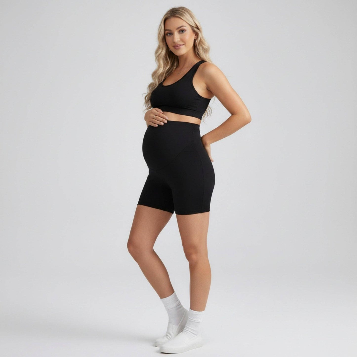 High Waist Maternity Bike Shorts with Over Belly Panel Stretch Fitted Activewear Shorts