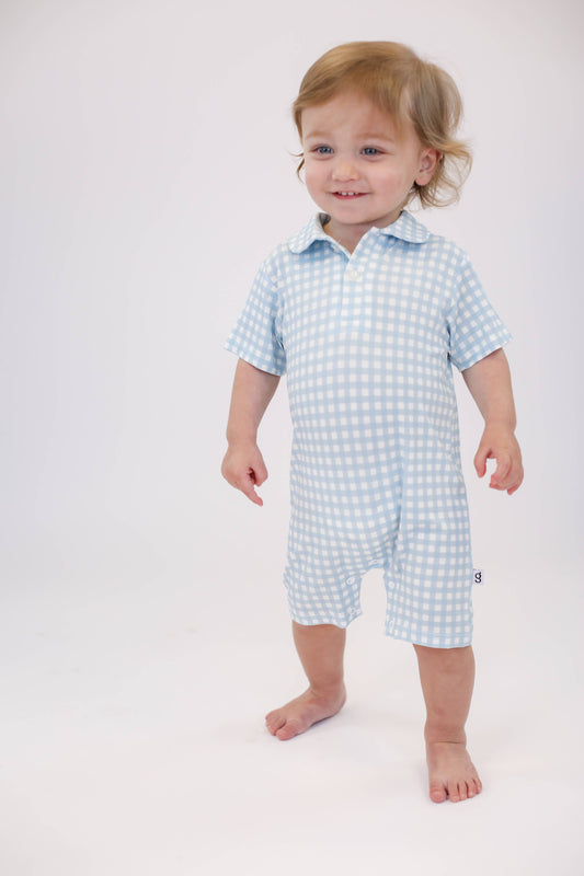 Blue Gingham Polo Romper