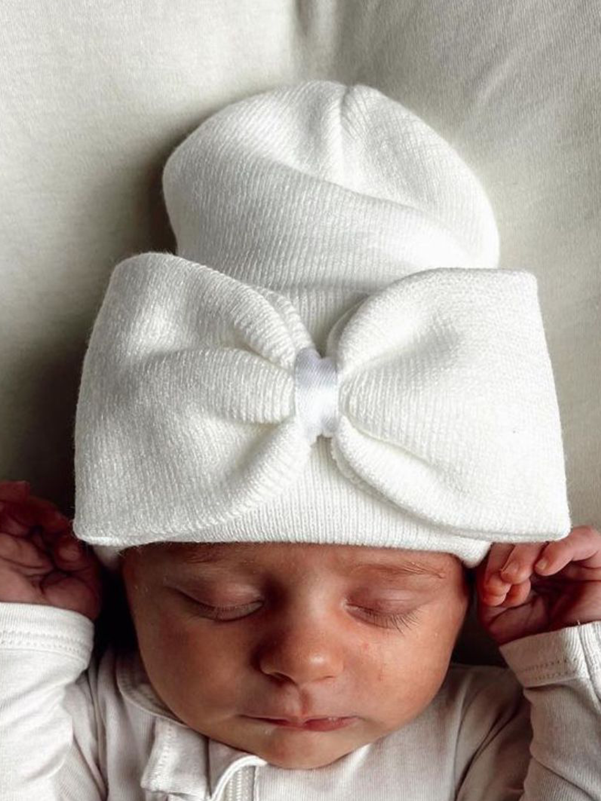 Warm White Bow Baby Hat