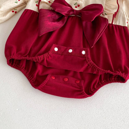 Cherry Ruffle Baby Romper with Burgundy Bow Set