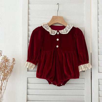 Christmas Long Sleeve Lace Girls' Dress - Red / Romper / 3M