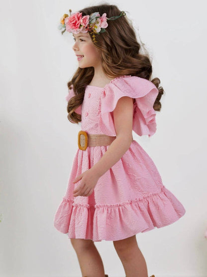 Blush Pink Ruffle Sleeve Belted Skirt Set