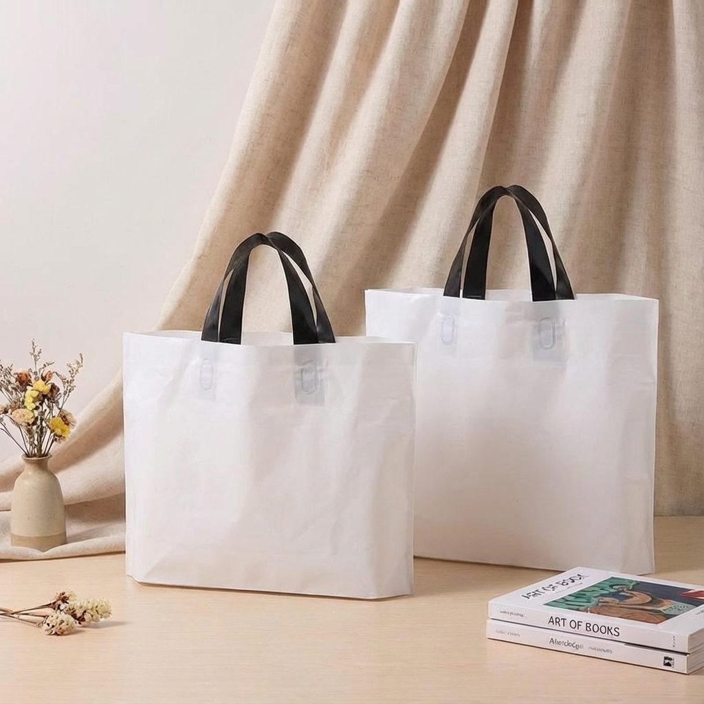 50pcs, 3 sizes White PVC gift bag with Black handle