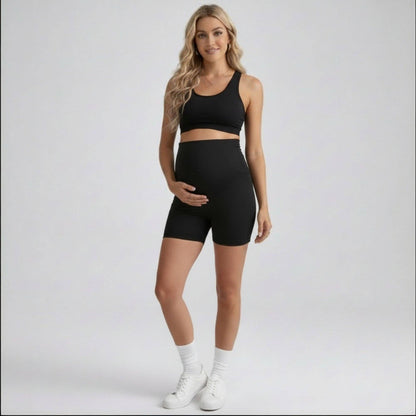 High Waist Maternity Bike Shorts with Over Belly Panel Stretch Fitted Activewear Shorts
