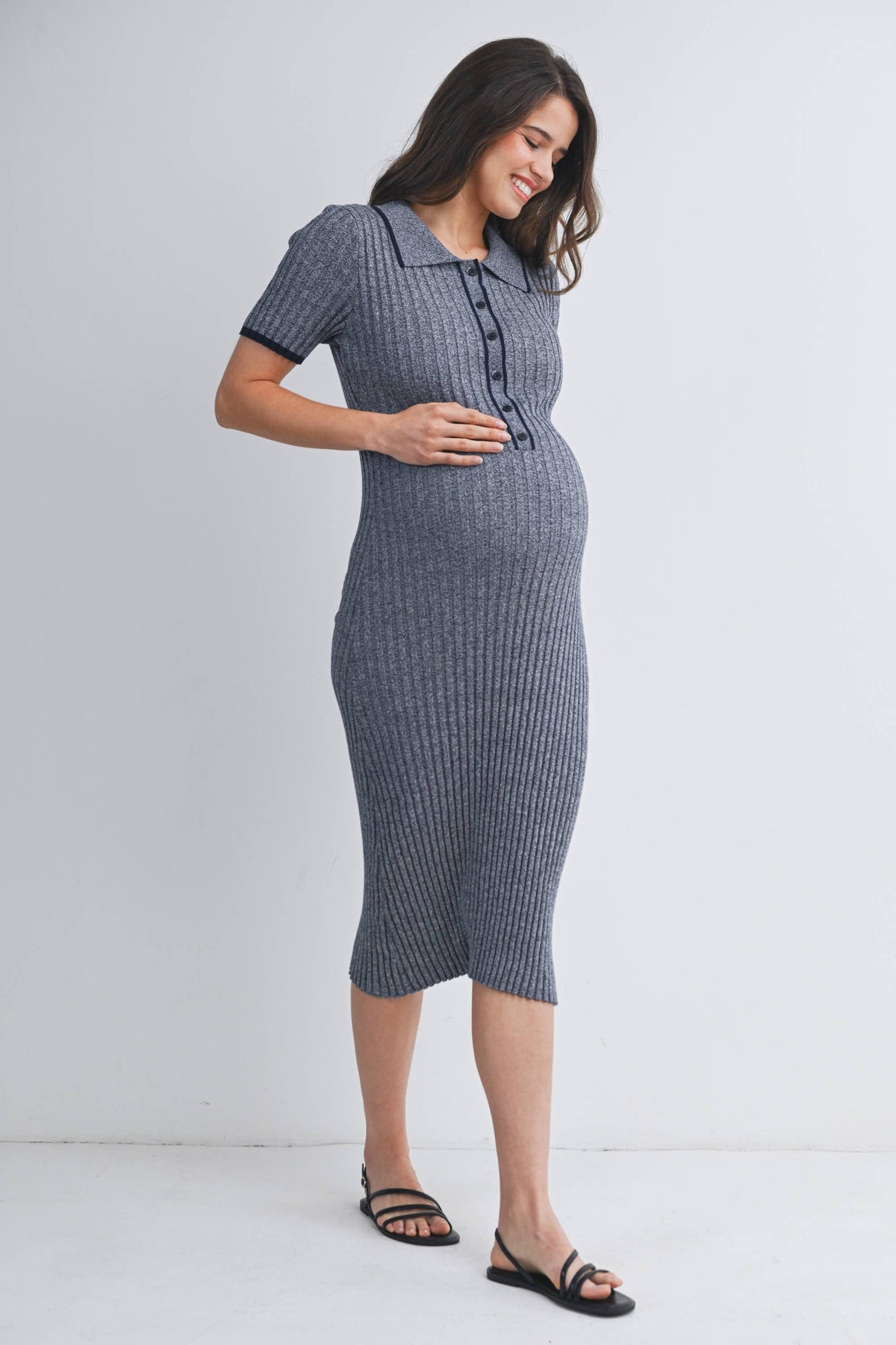 Collared Ribbed Knit Maternity Midi Dress with Button Front