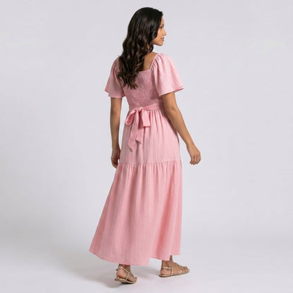 Pleated Maternity Maxi Dress with Flutter Sleeves and Tiered Skirt