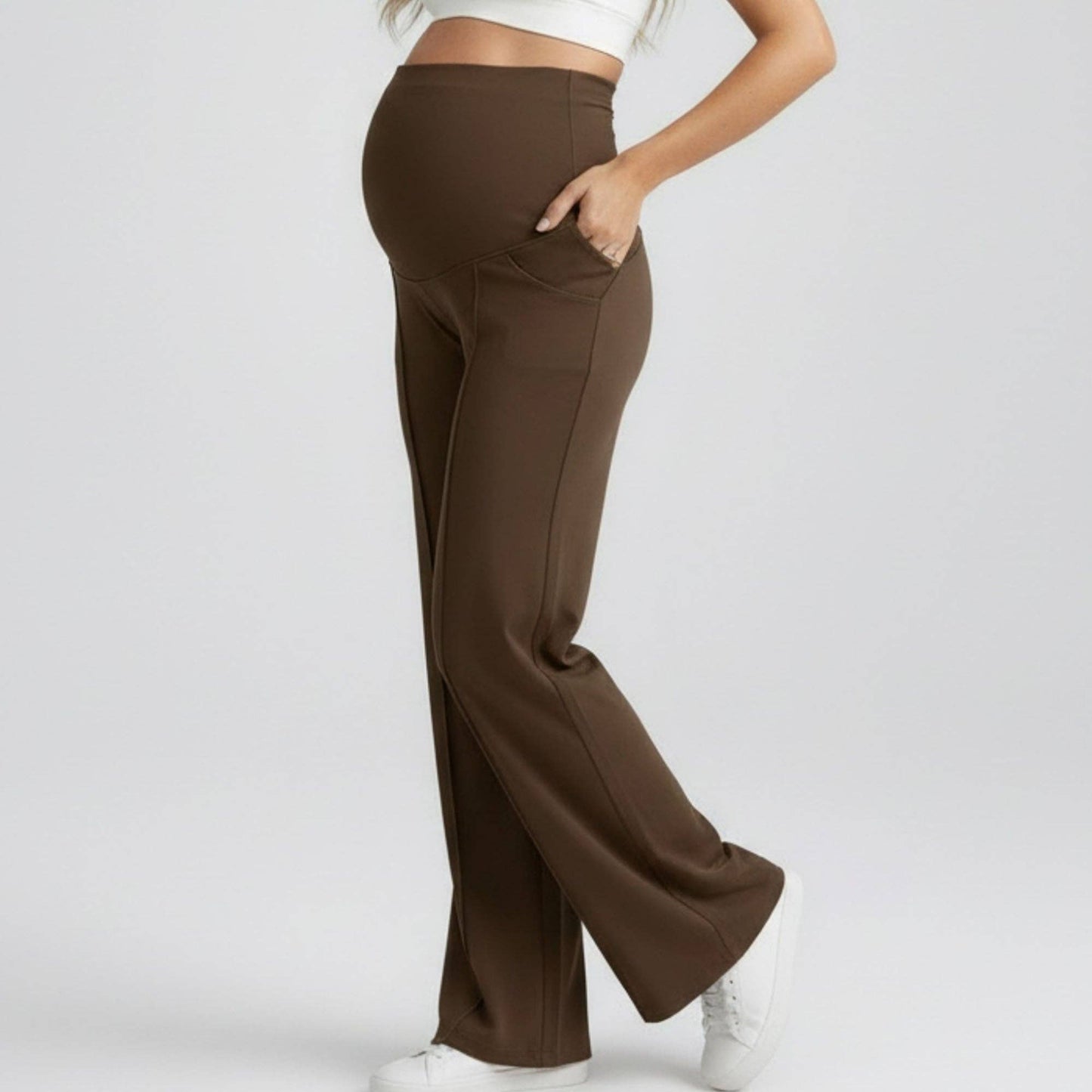 High Waist Maternity Wide Leg Pants with Over Belly Panel Front Seam Stretch Lounge Pants