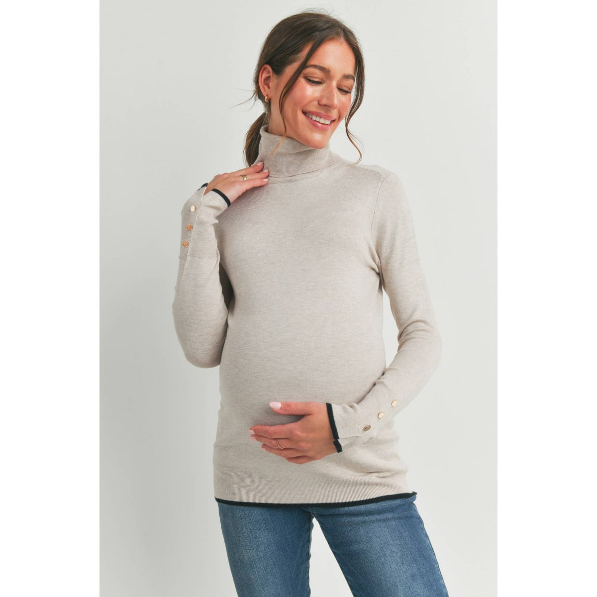 Button Cuff Maternity Turtle Neck Top