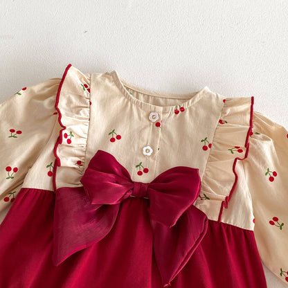 Cherry Ruffle Baby Romper with Burgundy Bow Set