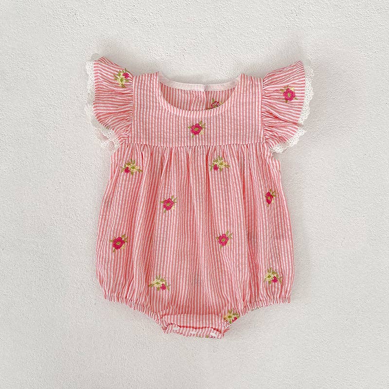 Stripe Floral Embroidery Girls Romper Ruffle Sleeve-Pink/ Blue