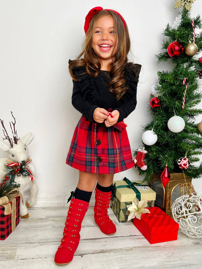 Fall Ruffled Top & Plaid Skirt Set