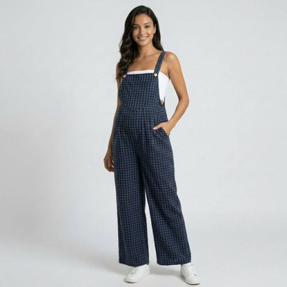 Maternity Gingham Wide Leg Jumpsuit with Adjustable Straps Square Neck Loose Fit Overalls