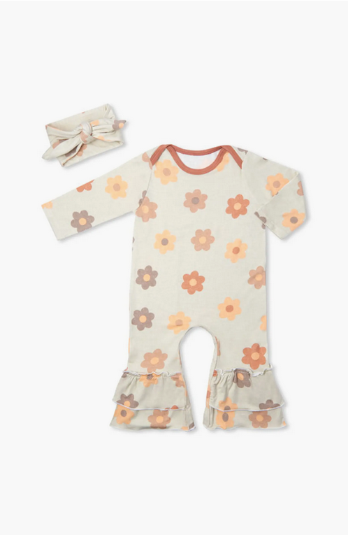 Ruffle Romper & Head Wrap Set - Daisies