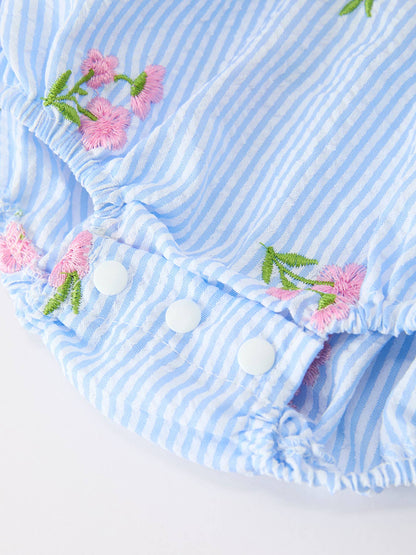 Stripe Floral Embroidery Girls Romper Ruffle Sleeve-Pink/ Blue