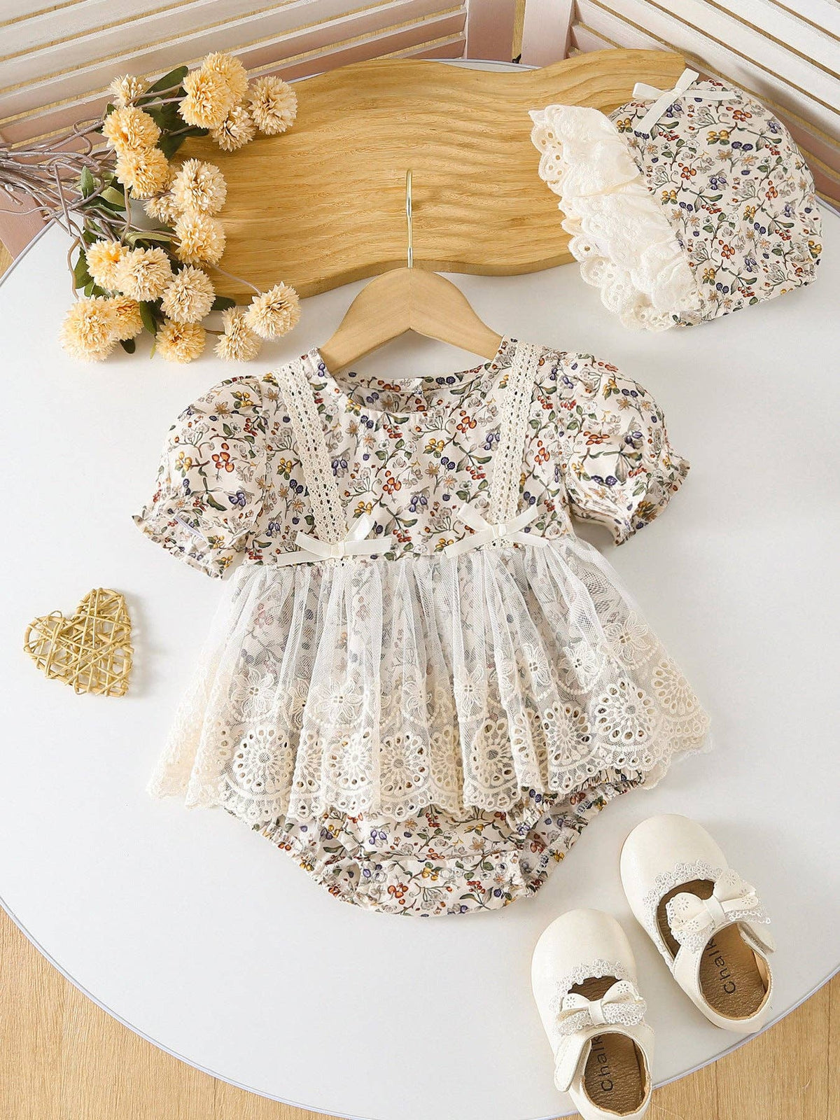 Floral Lace Romper With Hat