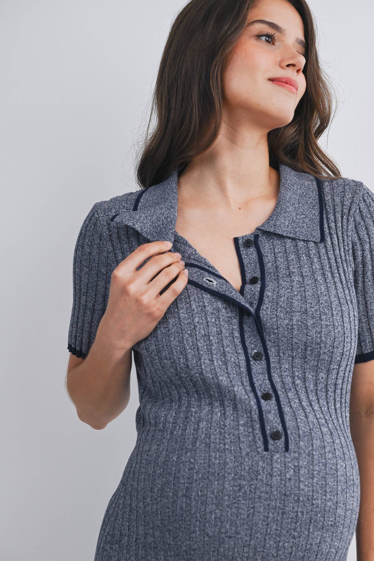 Collared Ribbed Knit Maternity Midi Dress with Button Front