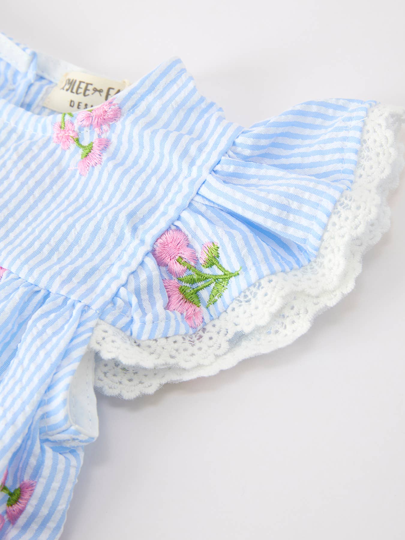 Stripe Floral Embroidery Girls Romper Ruffle Sleeve-Pink/ Blue
