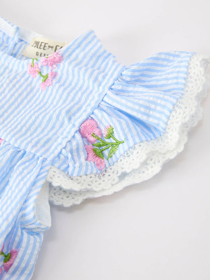 Stripe Floral Embroidery Girls Romper Ruffle Sleeve-Pink/ Blue