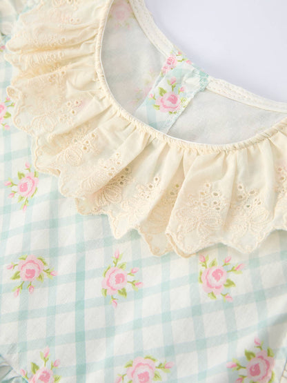 Plaid Floral Baby Girls' Romper and Short Sleeve Dress Matching Headband
