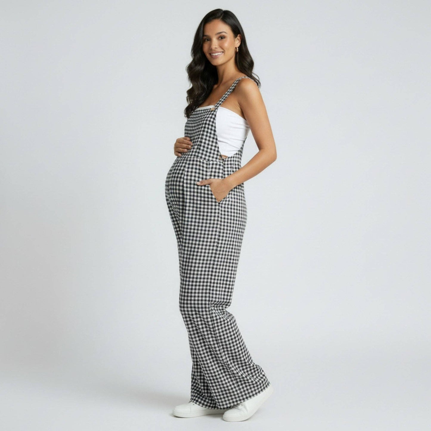 Maternity Gingham Wide Leg Jumpsuit with Adjustable Straps Square Neck Loose Fit Overalls