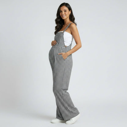 Maternity Gingham Wide Leg Jumpsuit with Adjustable Straps Square Neck Loose Fit Overalls
