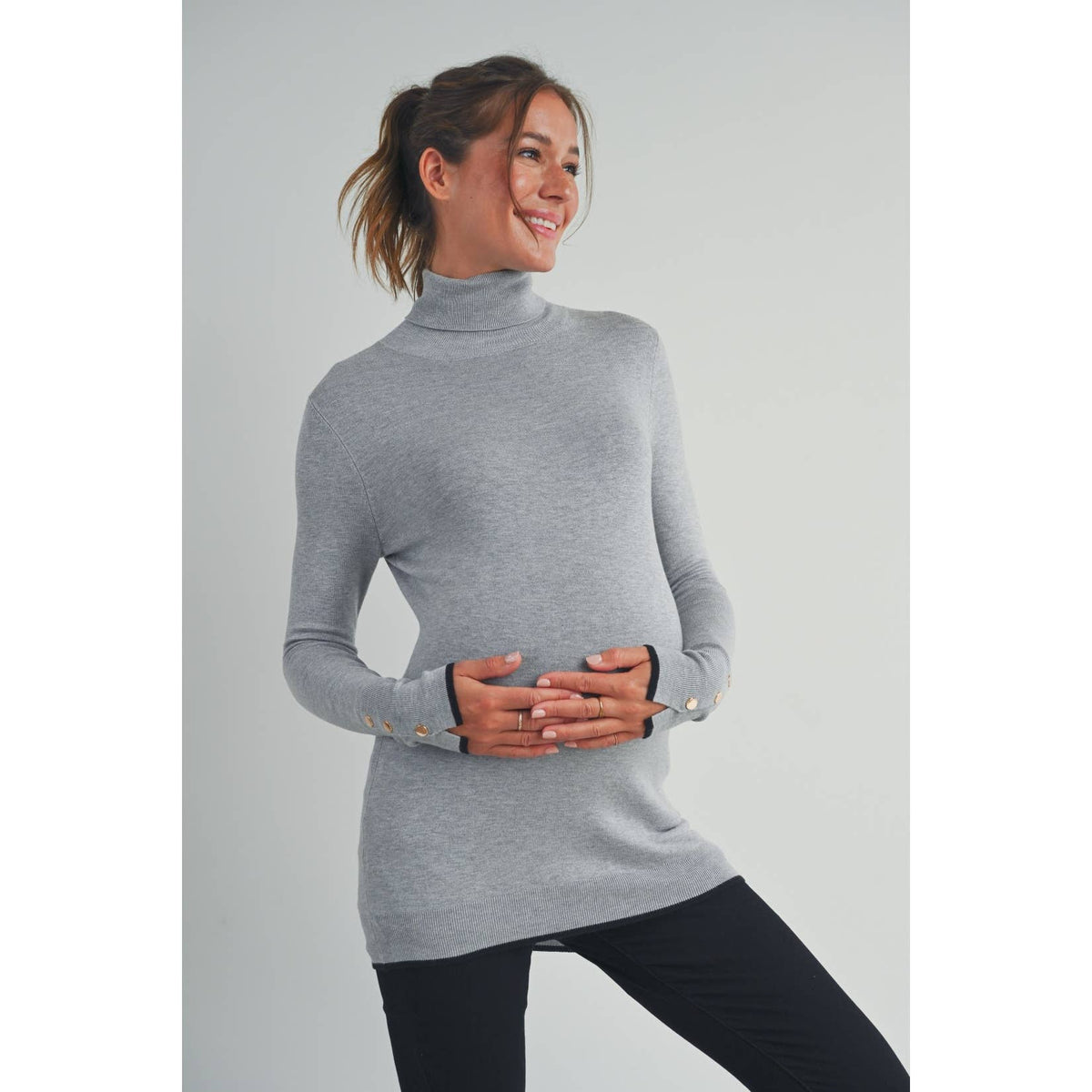 Button Cuff Maternity Turtle Neck Top