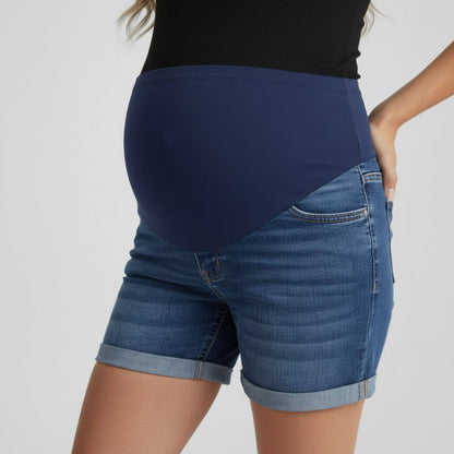 Maternity Denim Shorts with Over Belly Panel Stretch Mid Rise Pregnancy Jean Shorts