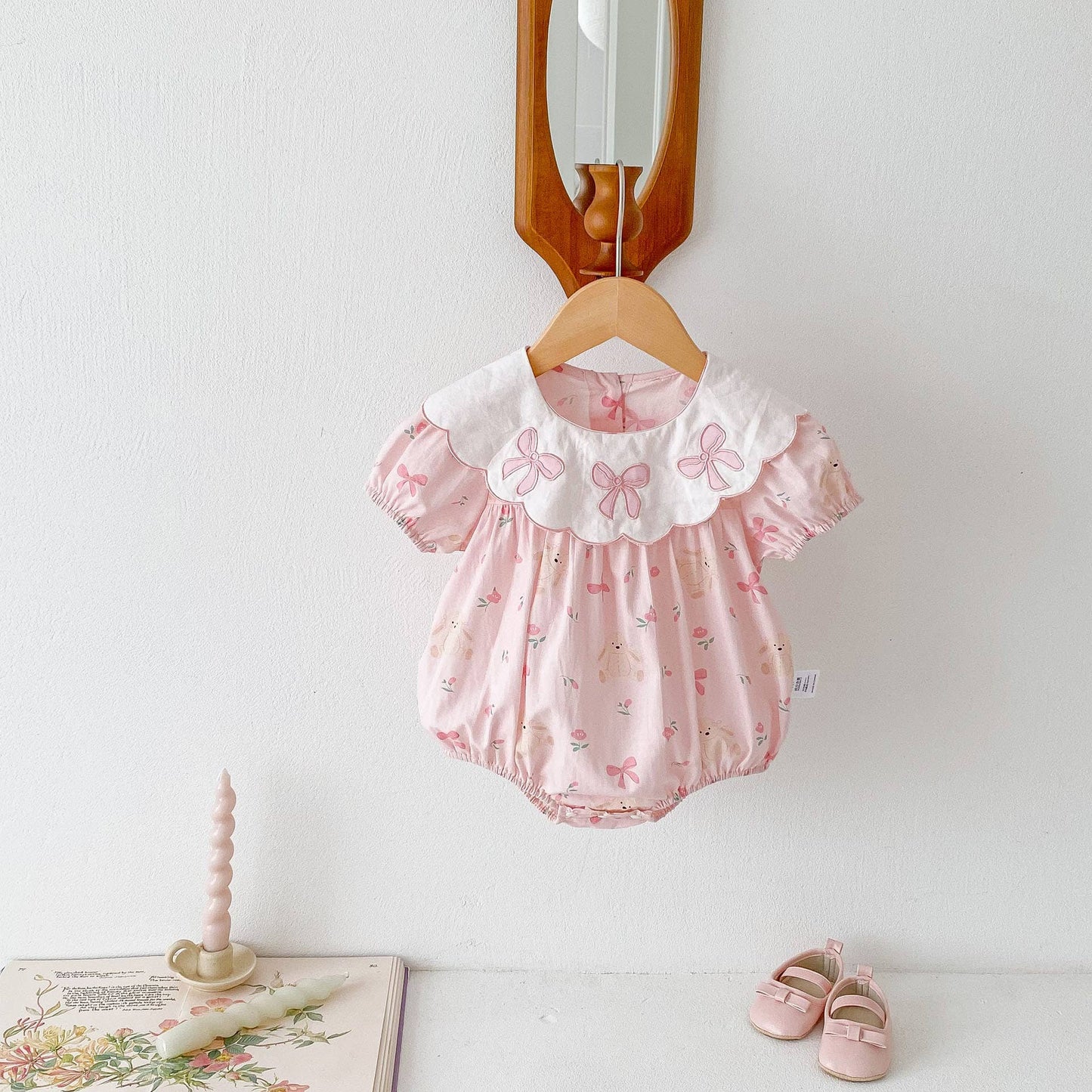 Baby Girl Pink Bunny Bow Scalloped Collar Romper