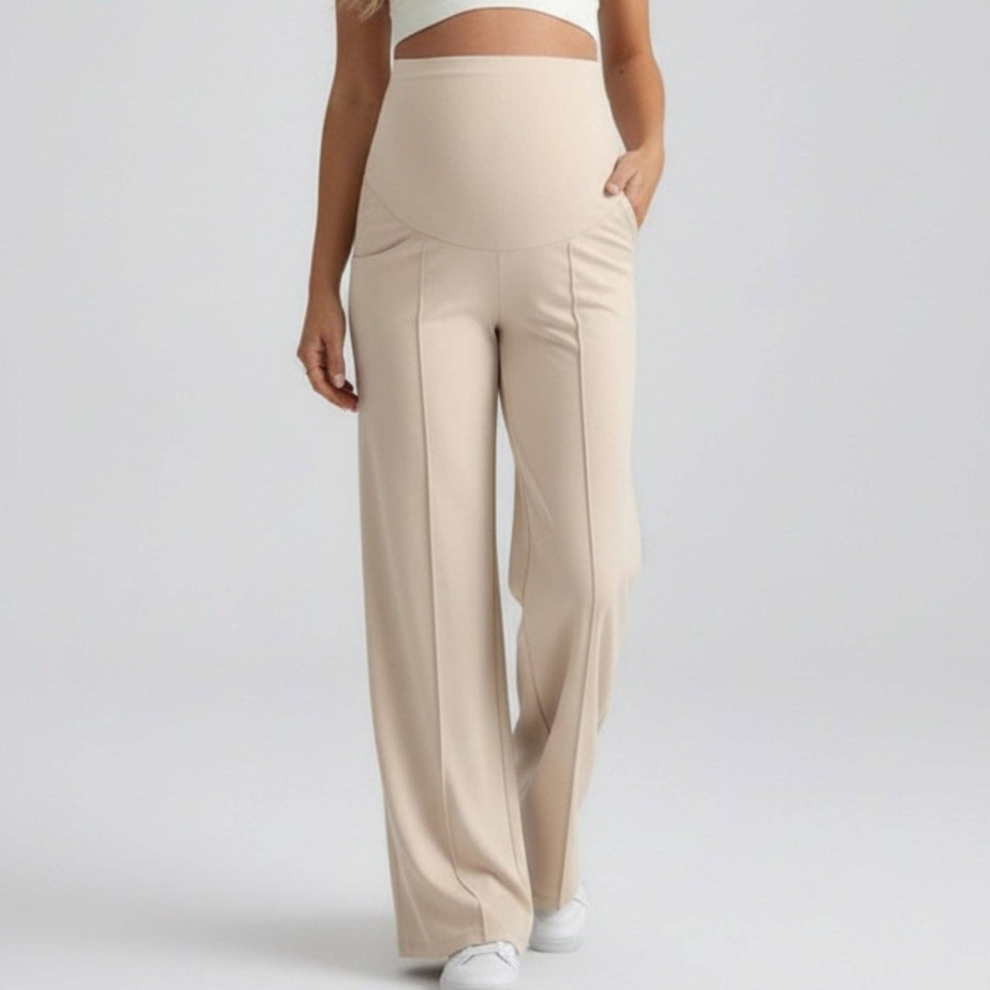High Waist Maternity Wide Leg Pants with Over Belly Panel Front Seam Stretch Lounge Pants