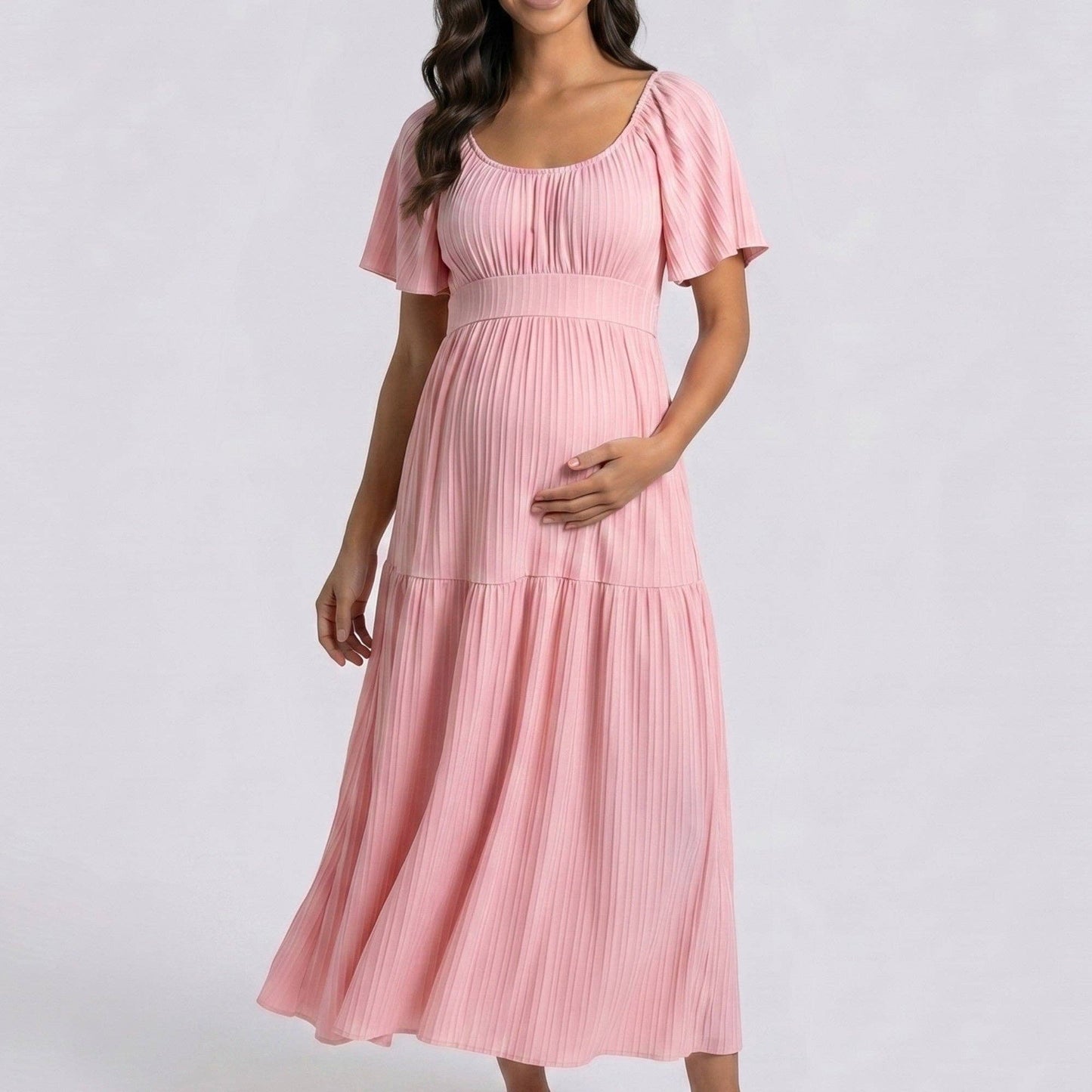Pleated Maternity Maxi Dress with Flutter Sleeves and Tiered Skirt