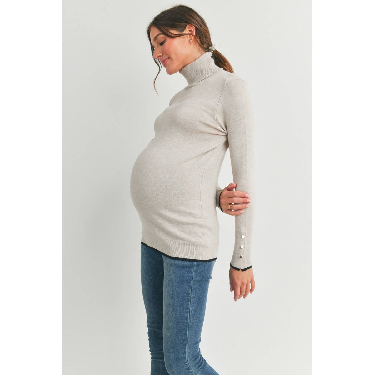 Button Cuff Maternity Turtle Neck Top