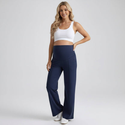 High Waist Maternity Wide Leg Pants with Over Belly Panel Front Seam Stretch Lounge Pants
