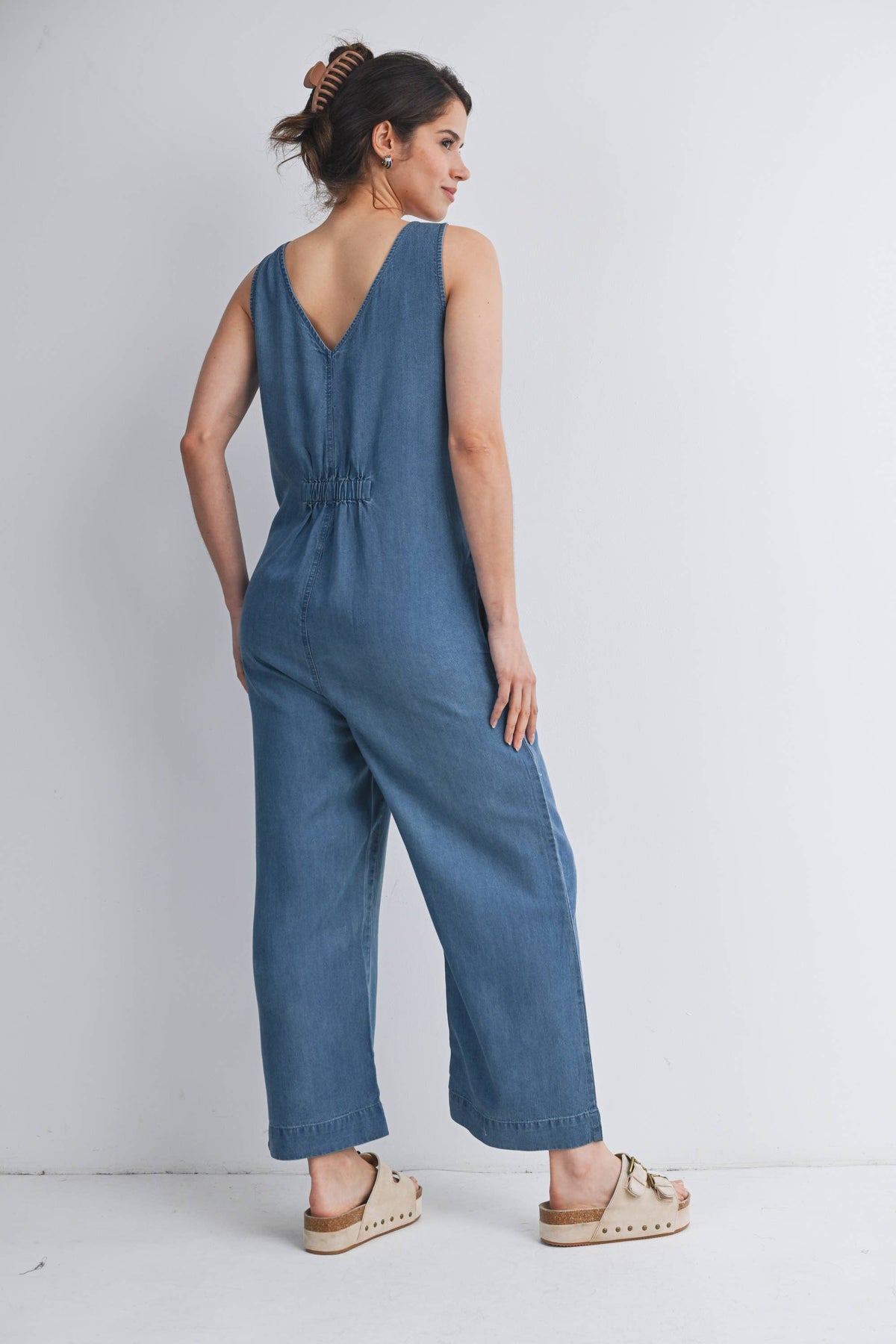 Sleeveless Maternity Denim Jumpsuit with Side Pockets