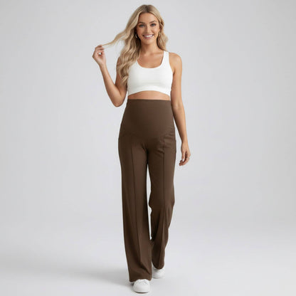 High Waist Maternity Wide Leg Pants with Over Belly Panel Front Seam Stretch Lounge Pants