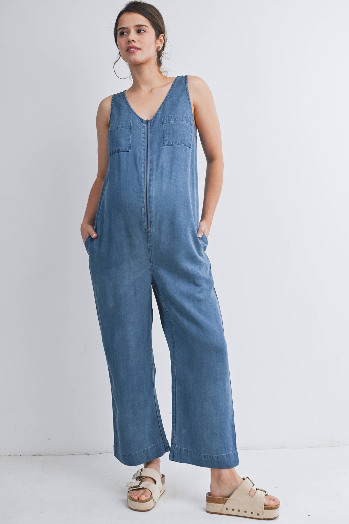 Sleeveless Maternity Denim Jumpsuit with Side Pockets